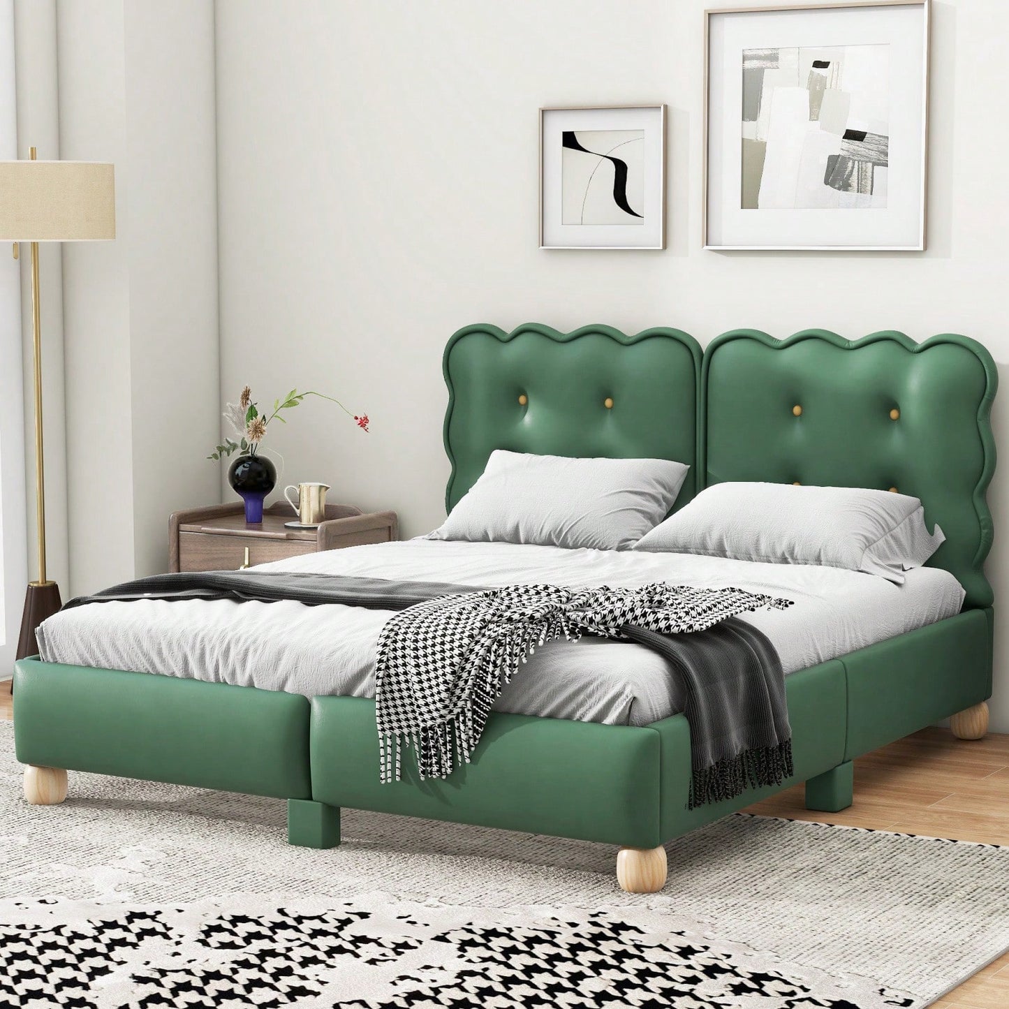 Modern Queen Upholstered Platform Bed Frame With Wood Slat Support, Button Tufted Headboard And No Box Spring Needed, Easy Assembly