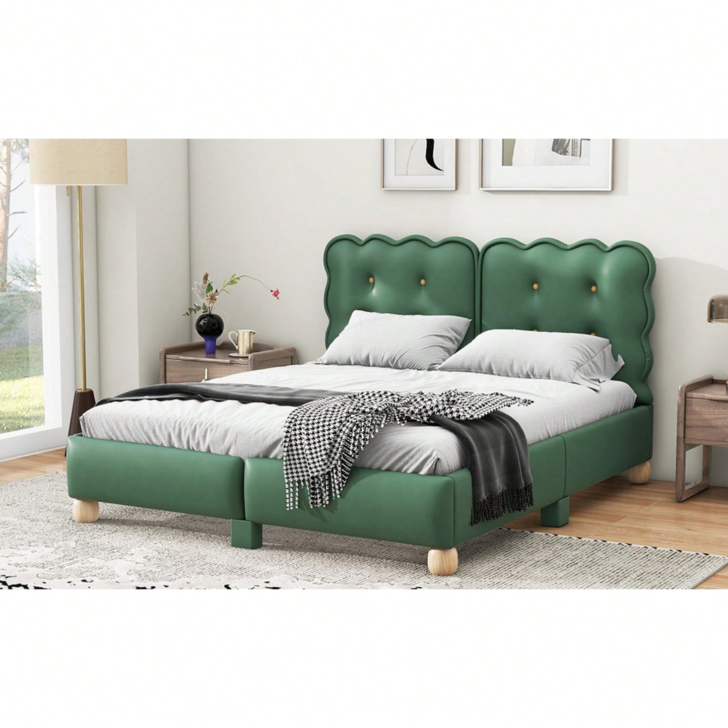 Modern Queen Upholstered Platform Bed Frame With Wood Slat Support, Button Tufted Headboard And No Box Spring Needed, Easy Assembly