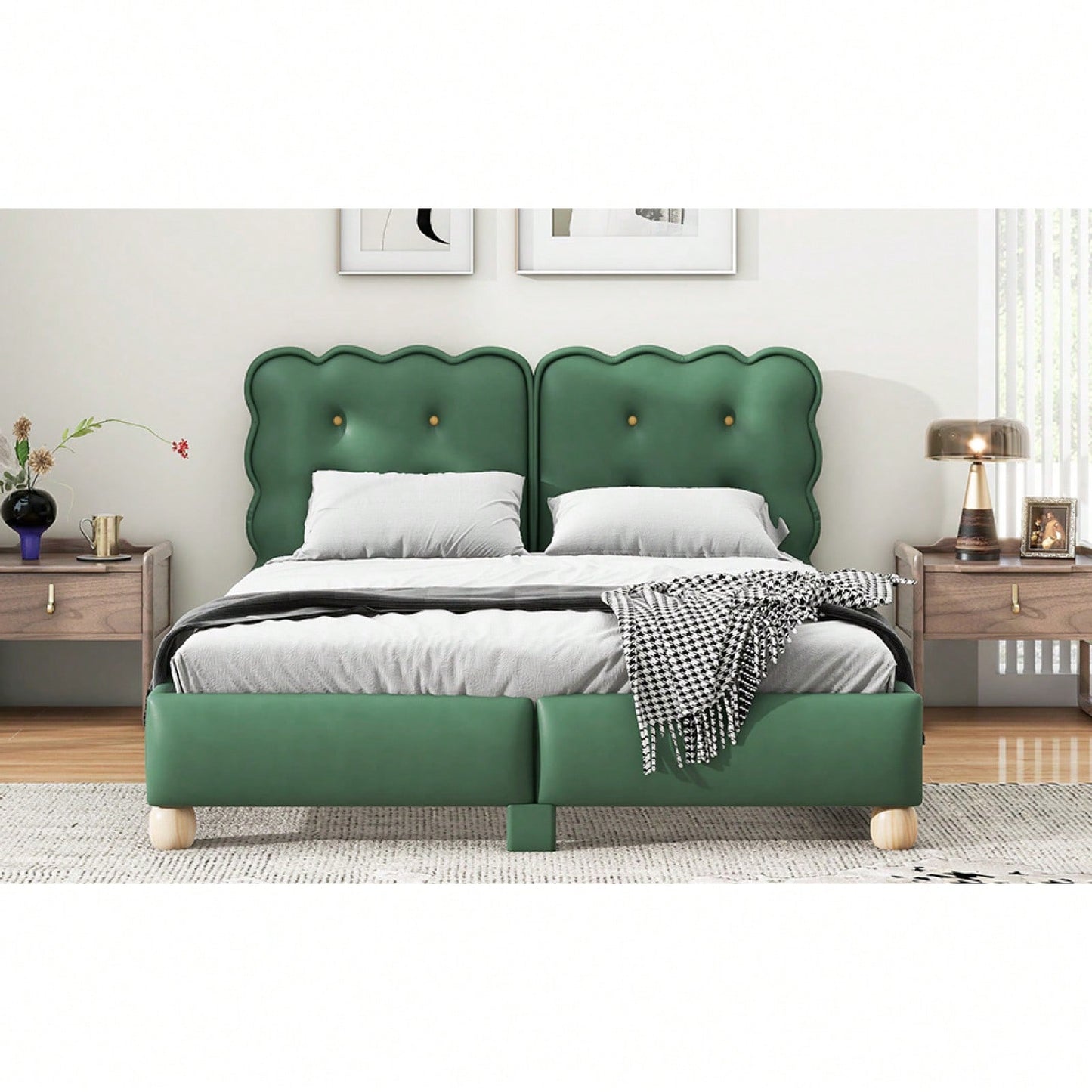 Modern Queen Upholstered Platform Bed Frame With Wood Slat Support, Button Tufted Headboard And No Box Spring Needed, Easy Assembly