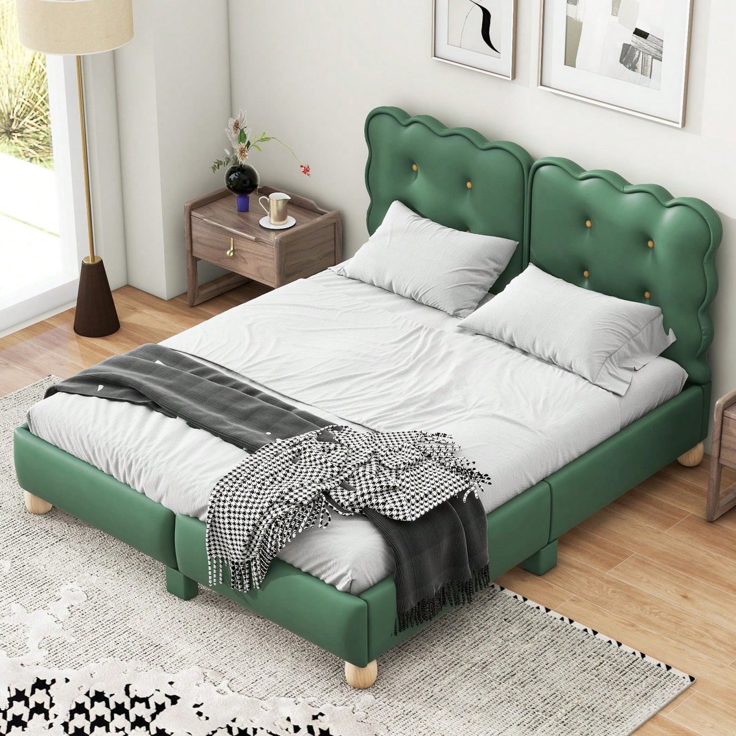 Modern Queen Upholstered Platform Bed Frame With Wood Slat Support, Button Tufted Headboard And No Box Spring Needed, Easy Assembly