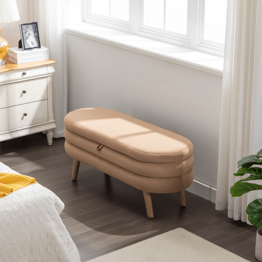 Velvet Fabric Storage Bench Bedroom Bench With Wood Legs For Living Room Bedroom Indoor