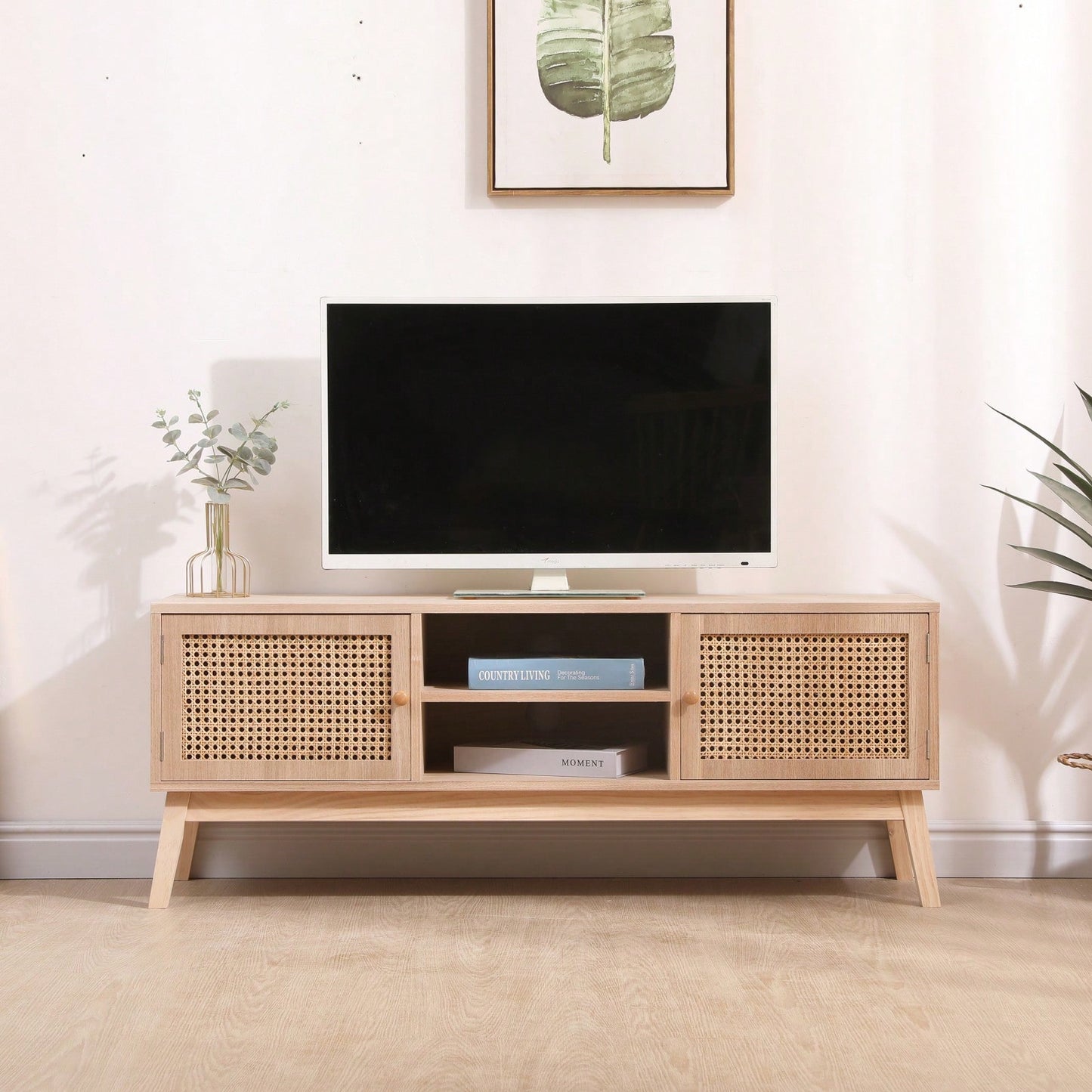 Boho Style TV Stand for 55 Inch TV with Rattan Cabinets and Adjustable Shelves for Living Room