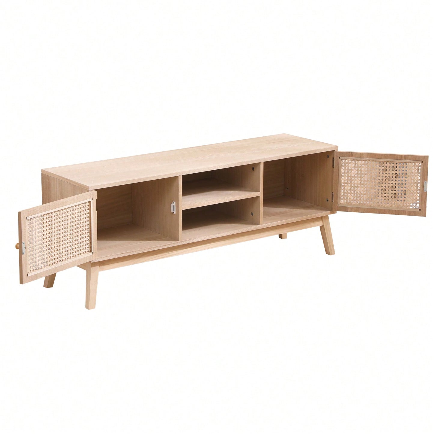 Boho Style TV Stand for 55 Inch TV with Rattan Cabinets and Adjustable Shelves for Living Room