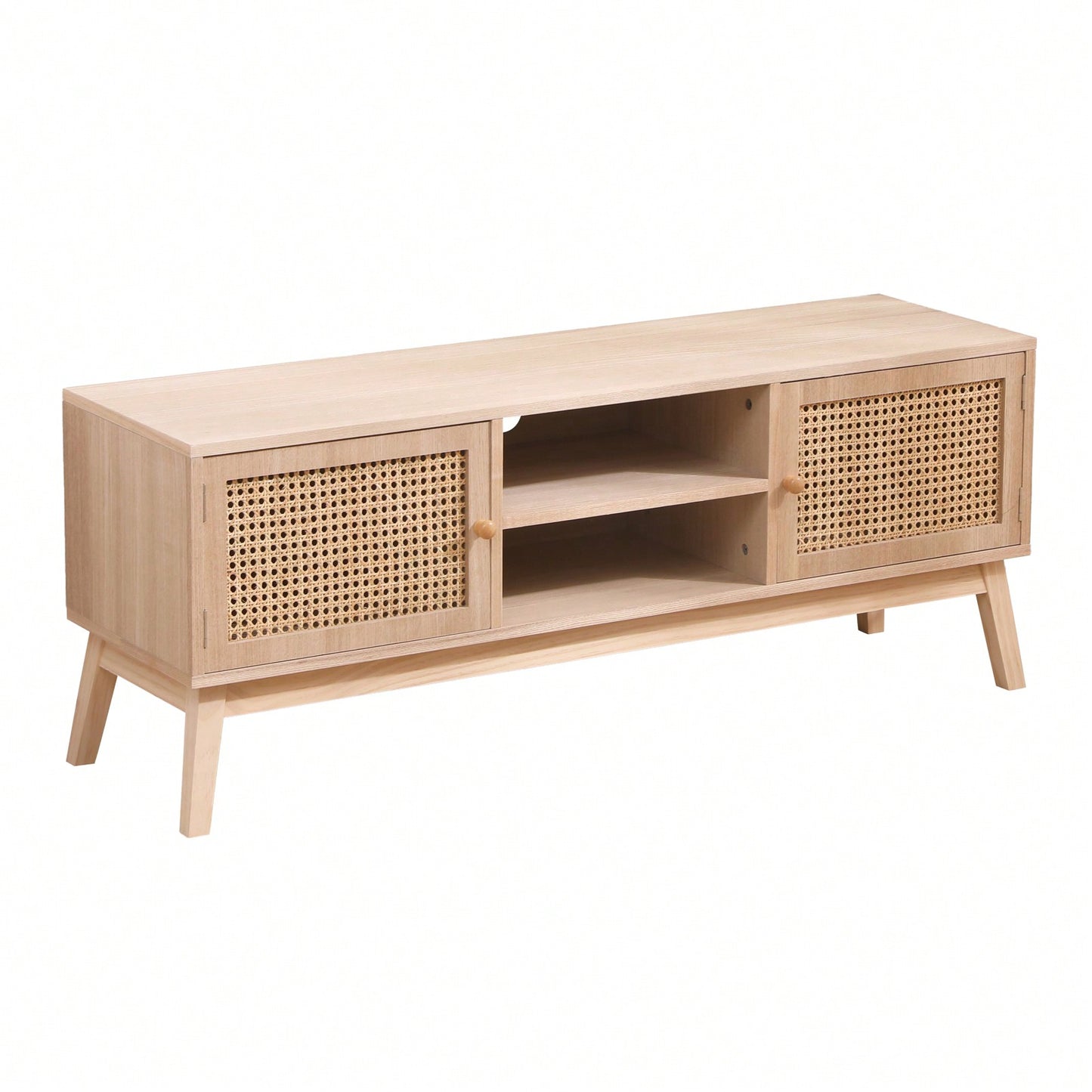 Boho Style TV Stand for 55 Inch TV with Rattan Cabinets and Adjustable Shelves for Living Room