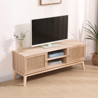 Boho Style TV Stand for 55 Inch TV with Rattan Cabinets and Adjustable Shelves for Living Room