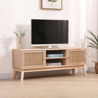 Boho Style TV Stand for 55 Inch TV with Rattan Cabinets and Adjustable Shelves for Living Room