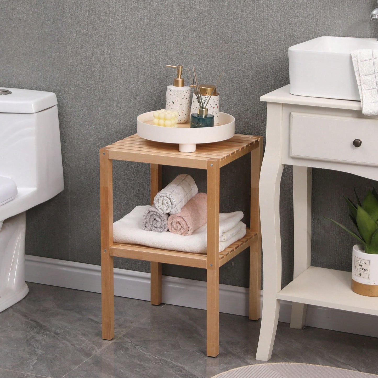 2-Tier Birch Bathroom Shelf - Narrow Shelving Unit