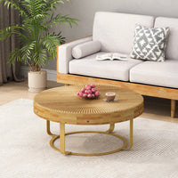 Modern Farmhouse Round Coffee Table with Carved Wood Top and Metal Legs for Living Room Office Easy Assembly 220lb Capacity