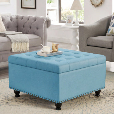 Large Storage Ottoman With Tufted Lid And Wooden Legs - Coffee Table Ottoman For Living Room, Bedroom