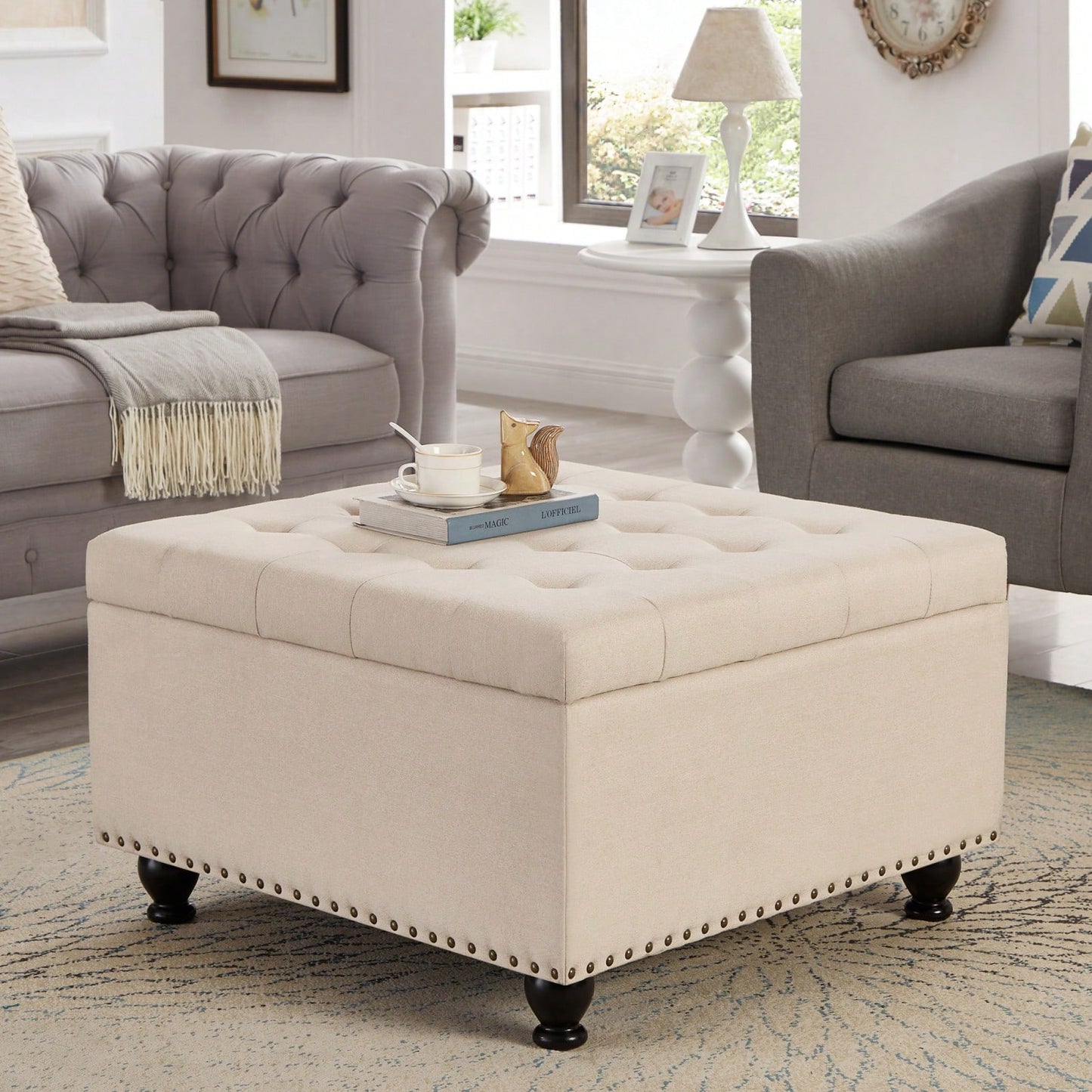 Large Storage Ottoman With Tufted Lid And Wooden Legs - Coffee Table Ottoman For Living Room, Bedroom