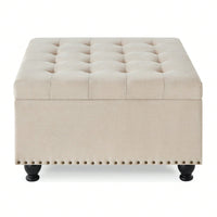 Large Storage Ottoman With Tufted Lid And Wooden Legs - Coffee Table Ottoman For Living Room, Bedroom