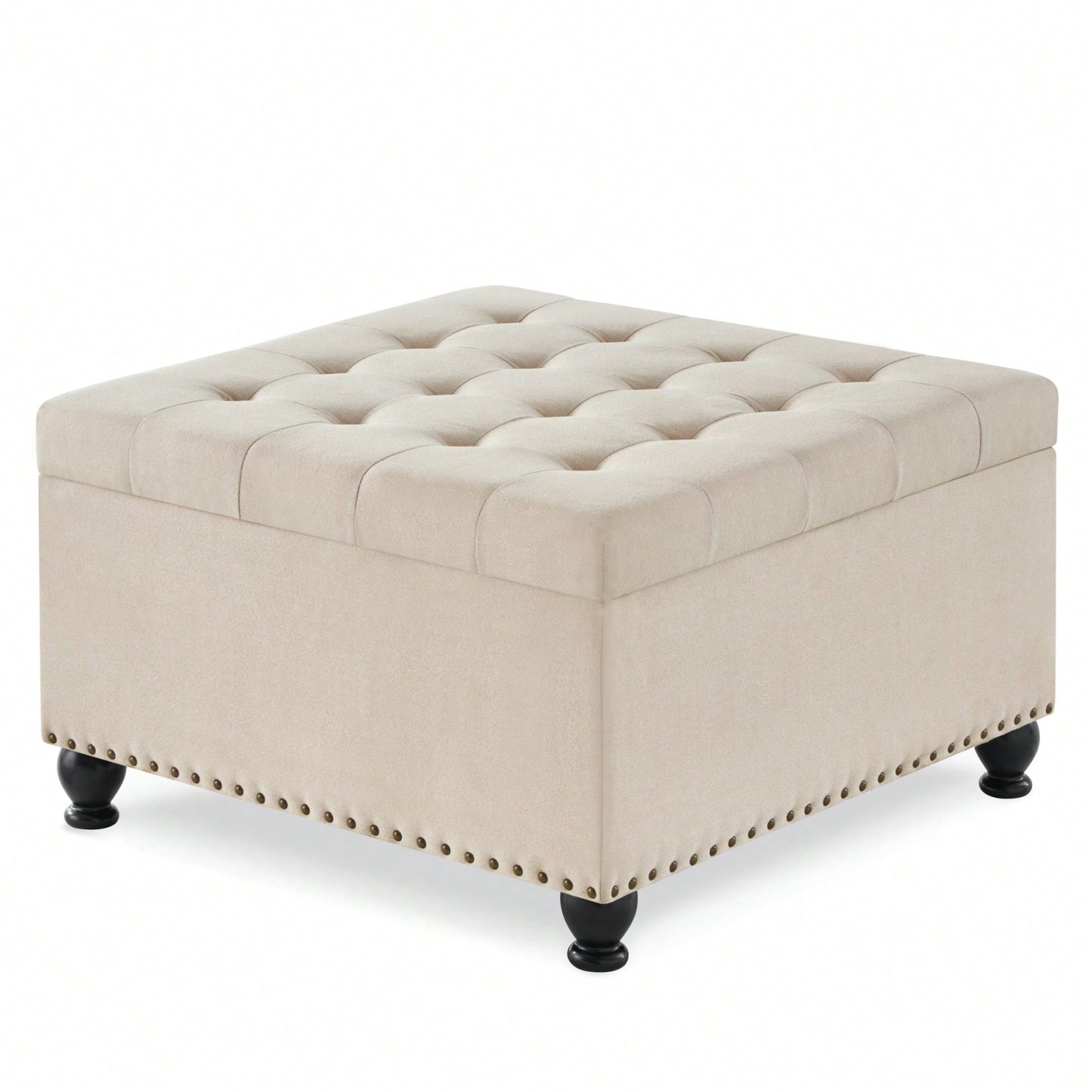 Large Storage Ottoman With Tufted Lid And Wooden Legs - Coffee Table Ottoman For Living Room, Bedroom