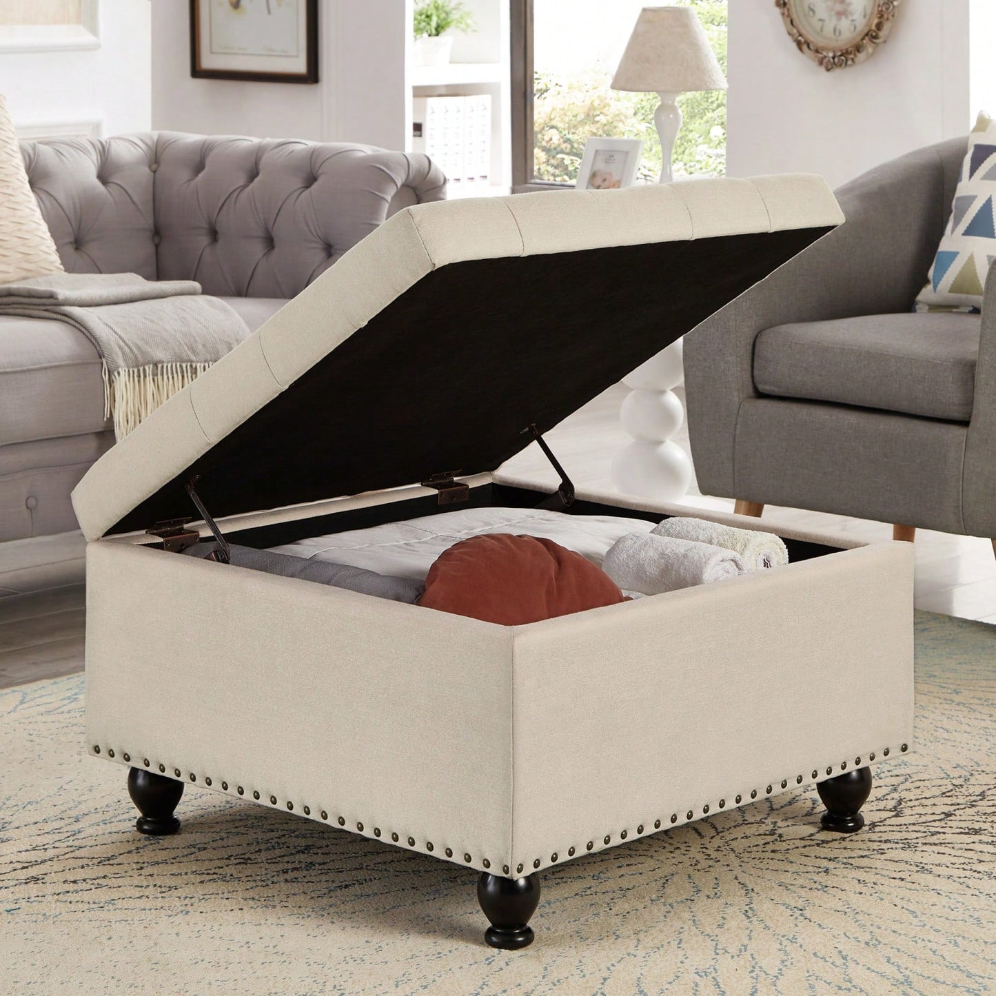 Large Storage Ottoman With Tufted Lid And Wooden Legs - Coffee Table Ottoman For Living Room, Bedroom