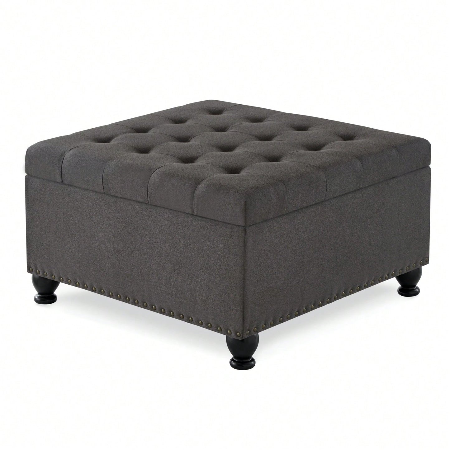 Large Storage Ottoman With Tufted Lid And Wooden Legs - Coffee Table Ottoman For Living Room, Bedroom