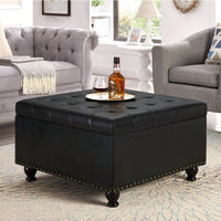 Large Storage Ottoman With Tufted Lid And Wooden Legs - Coffee Table Ottoman For Living Room, Bedroom