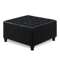 Large Storage Ottoman With Tufted Lid And Wooden Legs - Coffee Table Ottoman For Living Room, Bedroom