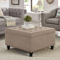 Large Storage Ottoman With Tufted Lid And Wooden Legs - Coffee Table Ottoman For Living Room, Bedroom