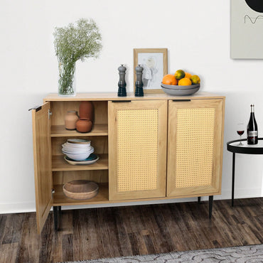 Kitchen Buffet Storage Cabinet With 3 Rattan Doors For Bedroom Living Room Kitchen Cupboard Wooden Furniture With 3-Tier Shelving