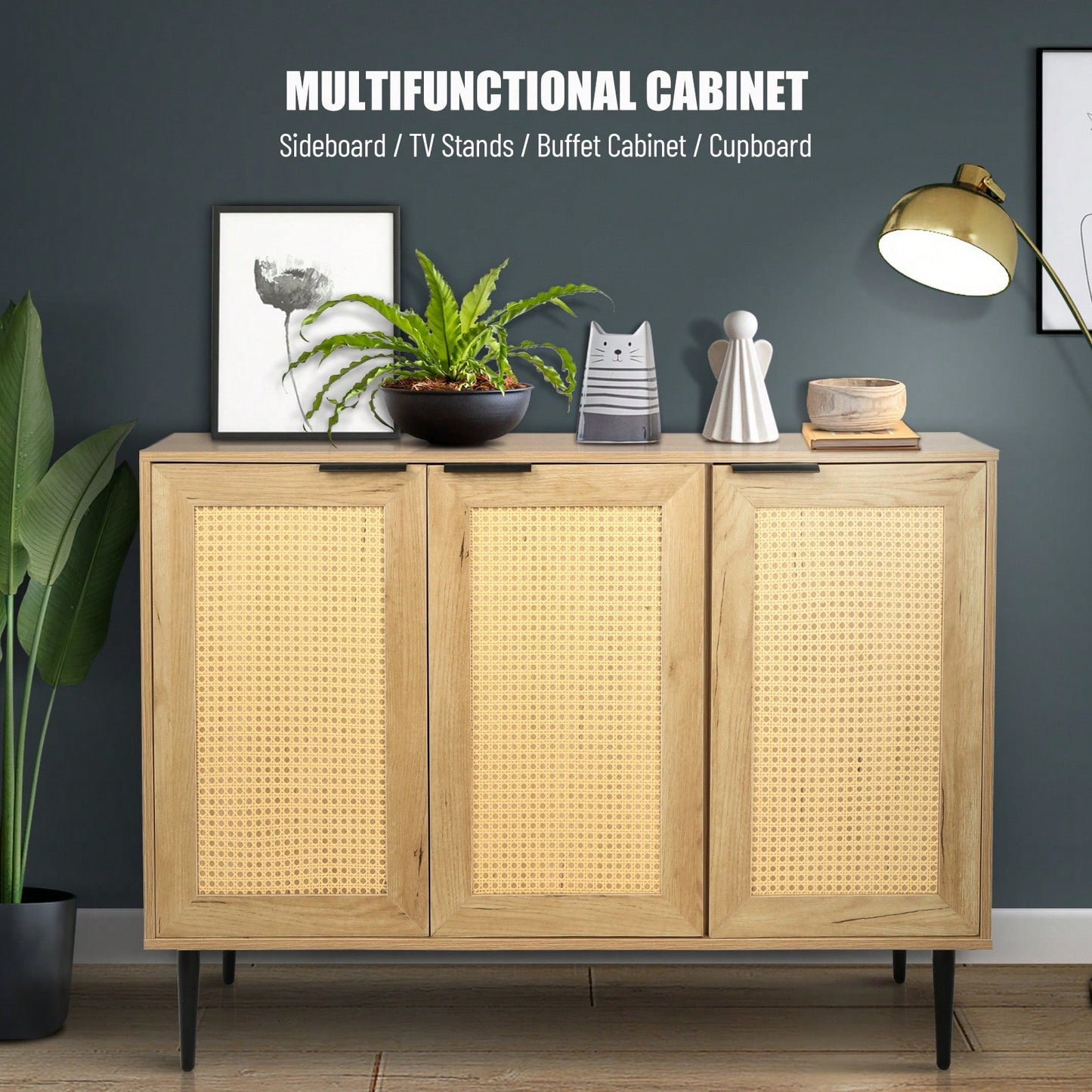 Kitchen Buffet Storage Cabinet With 3 Rattan Doors For Bedroom Living Room Kitchen Cupboard Wooden Furniture With 3-Tier Shelving