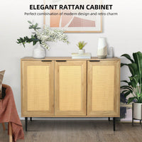 Kitchen Buffet Storage Cabinet With 3 Rattan Doors For Bedroom Living Room Kitchen Cupboard Wooden Furniture With 3-Tier Shelving