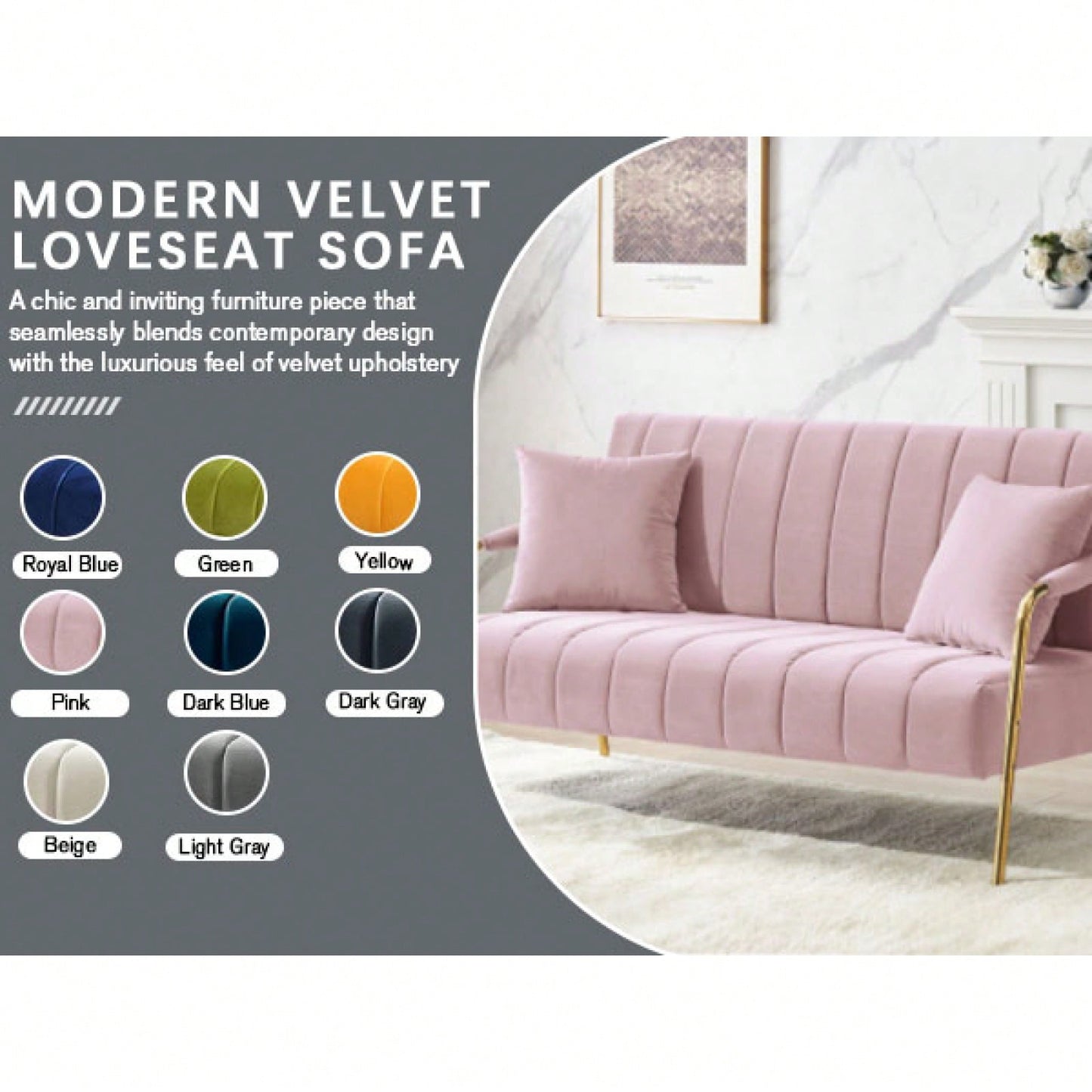 Mid-Century Modern Velvet Loveseat Sofa 60 Inch Small Space Couch with Gold Legs and Pillows for Living Room Office Bedroom