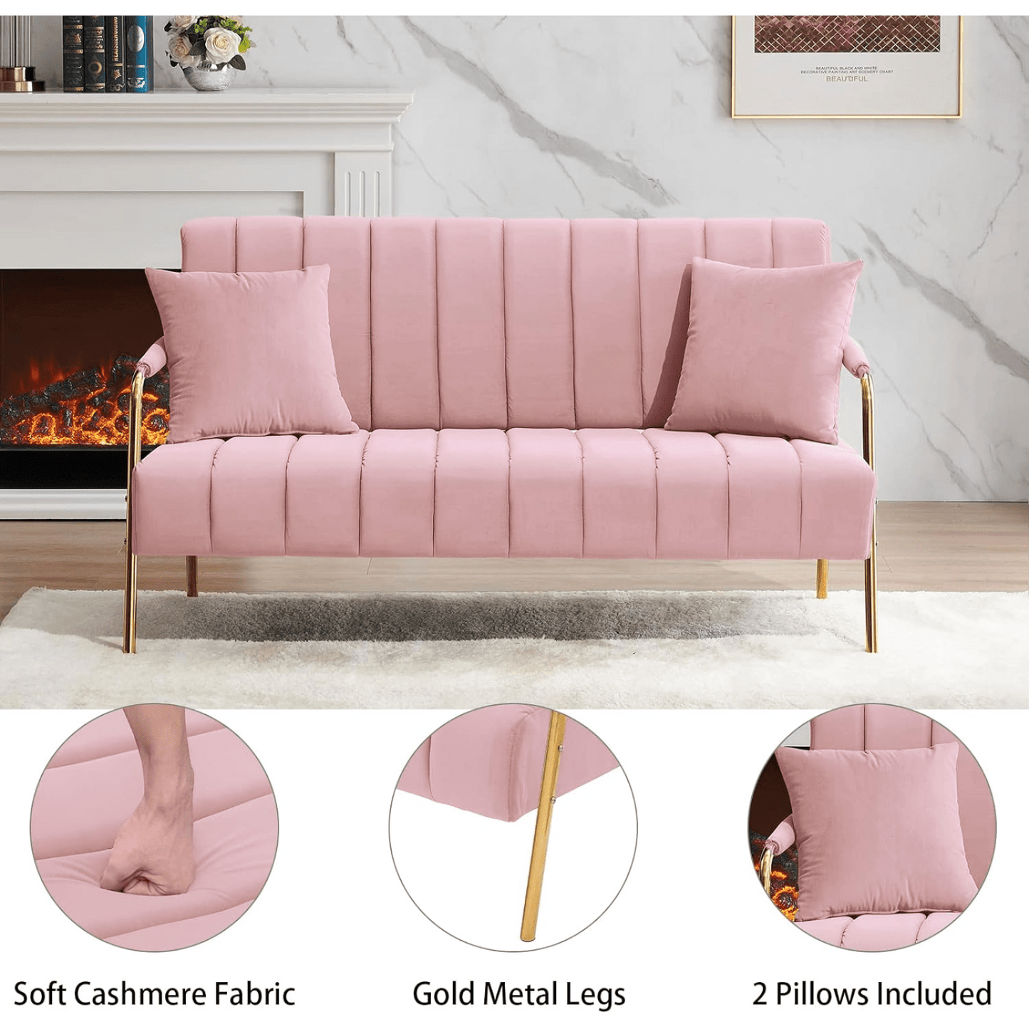 Mid-Century Modern Velvet Loveseat Sofa 60 Inch Small Space Couch with Gold Legs and Pillows for Living Room Office Bedroom