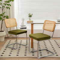 Mid Century Modern Velvet Rattan Dining Chairs Set of 2 Stackable Accent Chairs with Chrome Legs for Living Room Kitchen