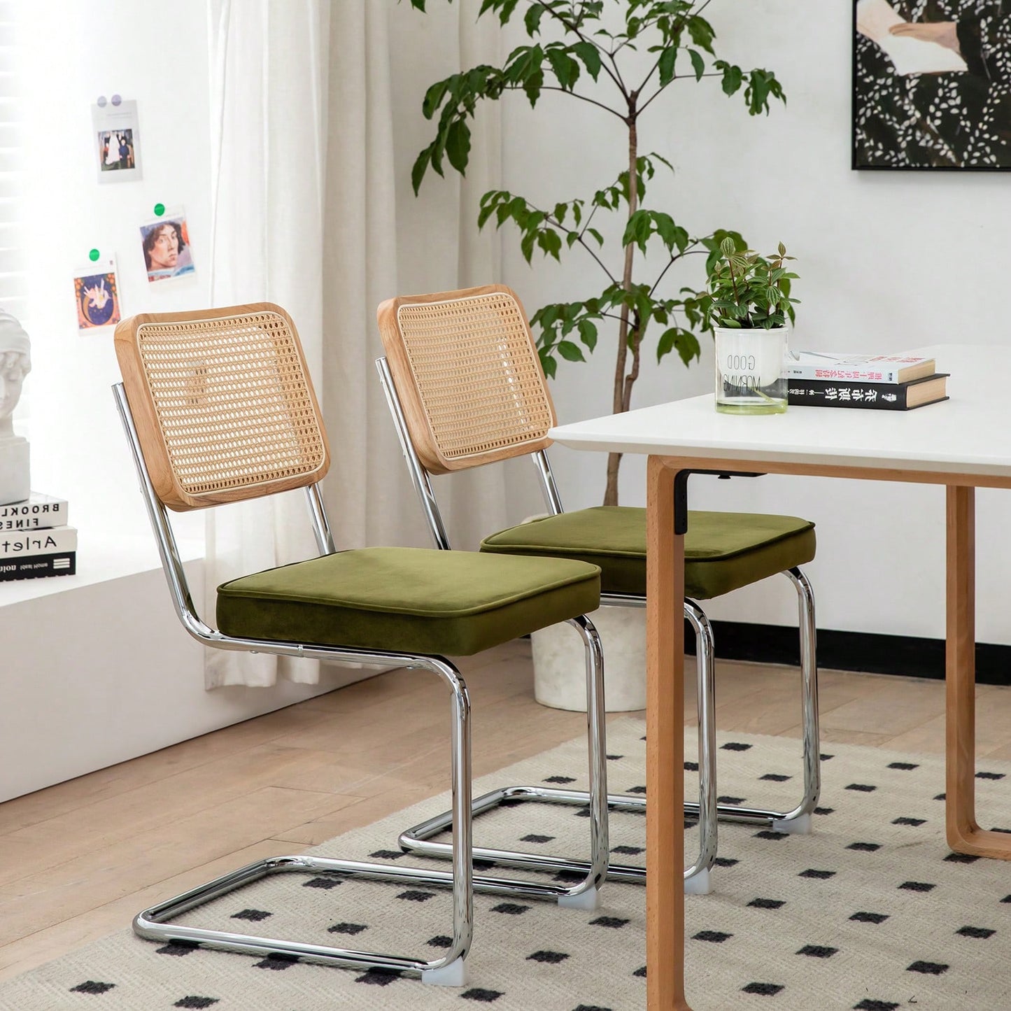 Mid Century Modern Velvet Rattan Dining Chairs Set of 2 Stackable Accent Chairs with Chrome Legs for Living Room Kitchen