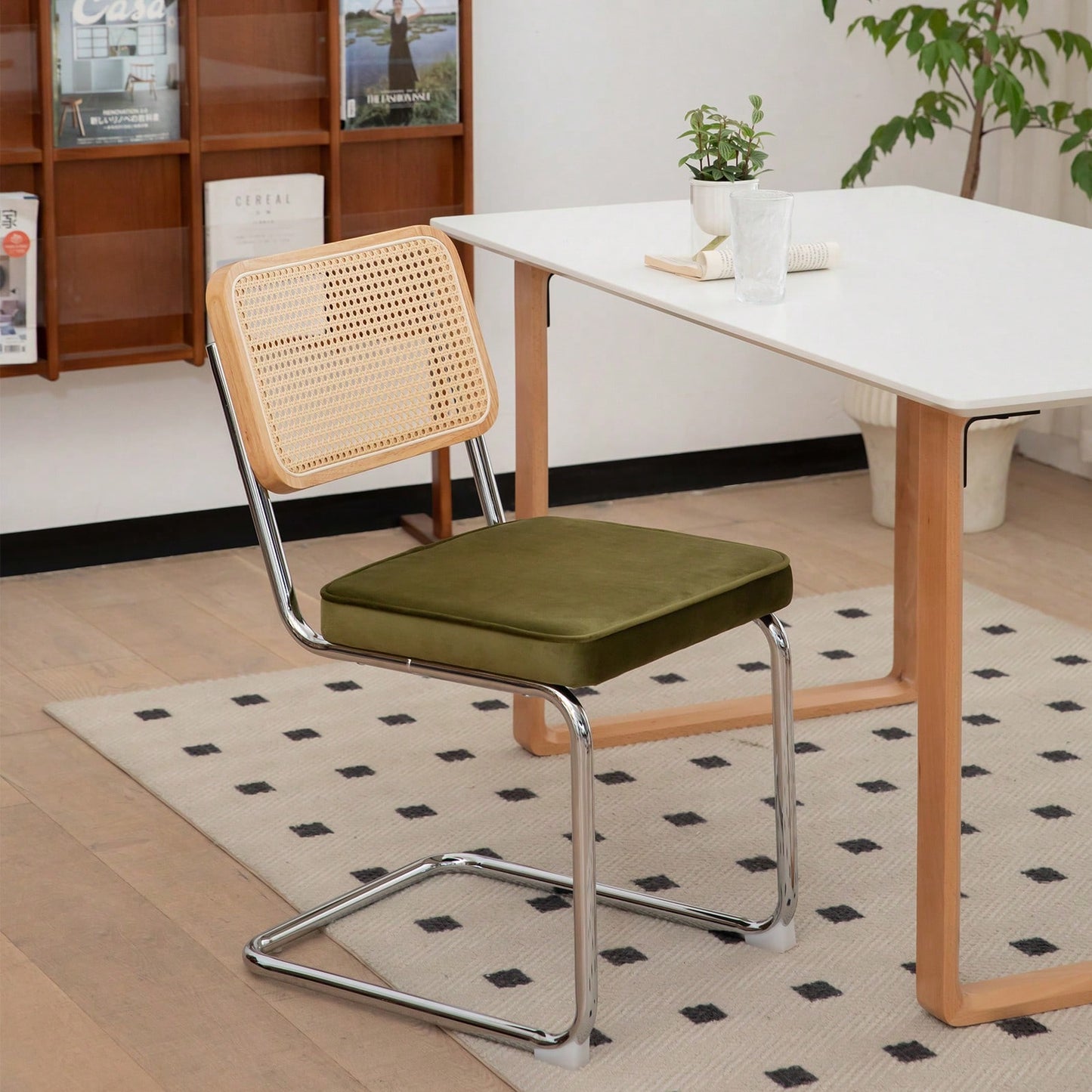 Mid Century Modern Velvet Rattan Dining Chairs Set of 2 Stackable Accent Chairs with Chrome Legs for Living Room Kitchen