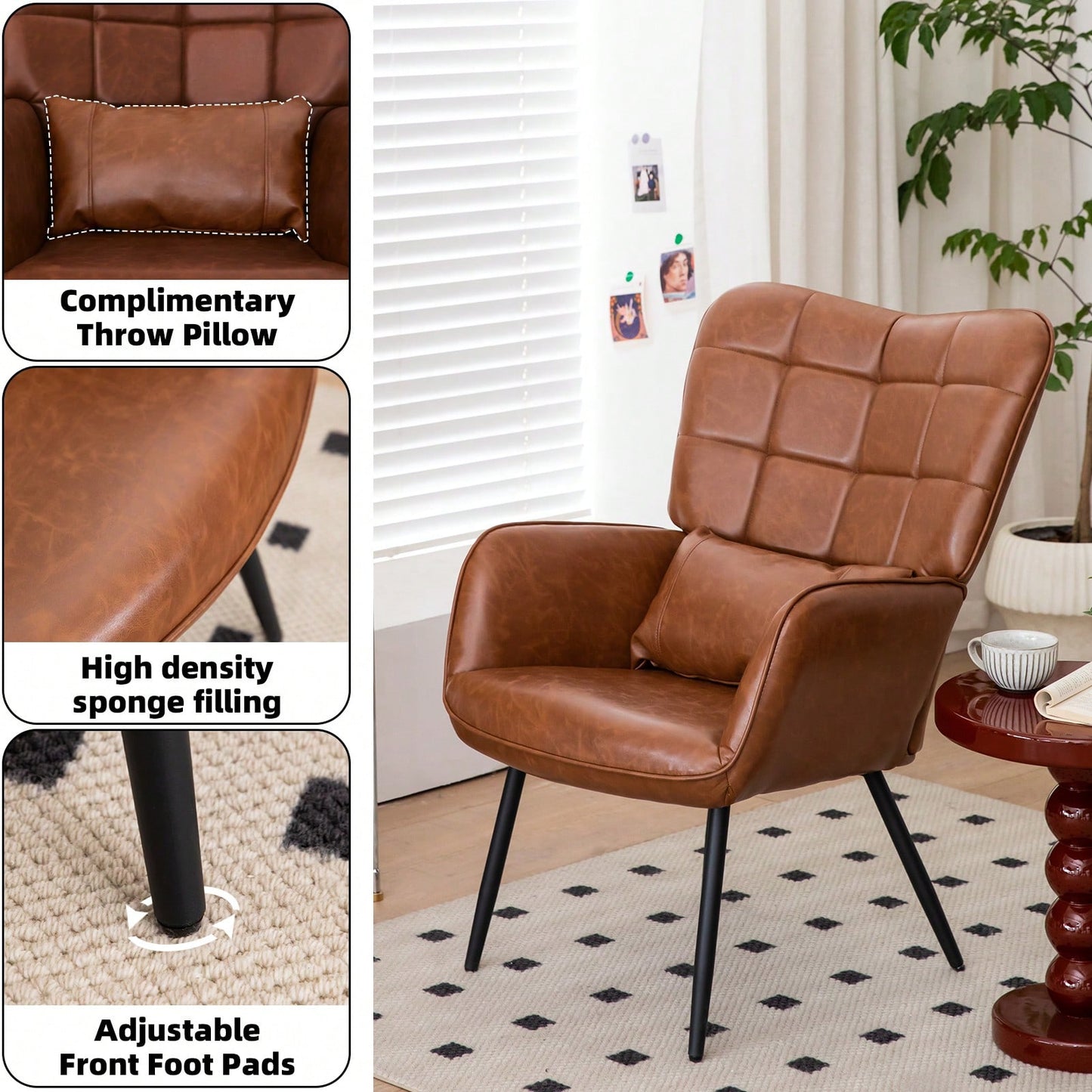 Stylish Accent Armchair with Metal Legs Soft Padded High Back Deep Seat Comfortable Chair for Living Room Office Bedroom