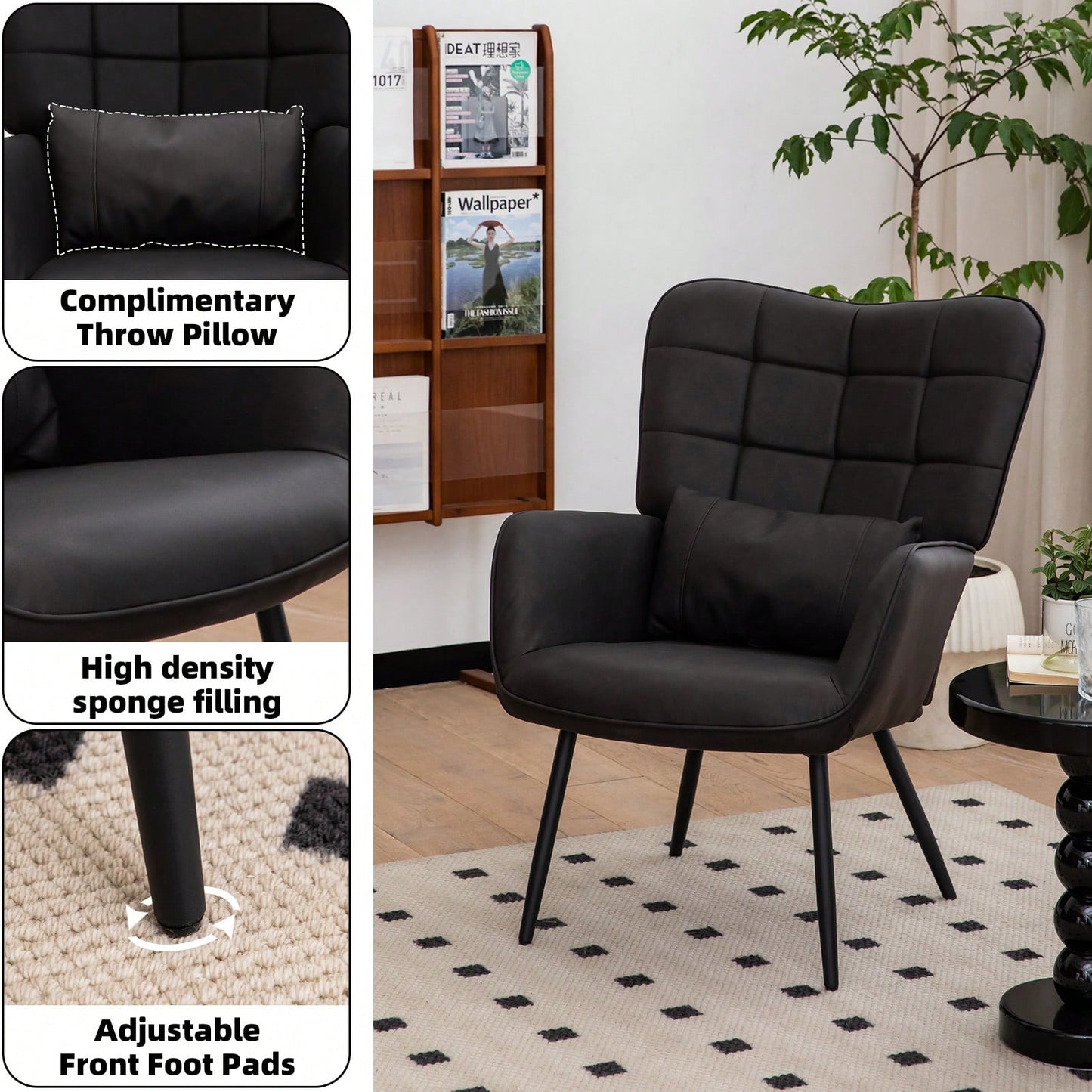 Stylish Accent Armchair with Metal Legs Soft Padded High Back Deep Seat Comfortable Chair for Living Room Office Bedroom