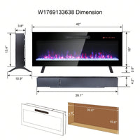42 Inch Wall Mounted Electric Fireplace with Remote Multi-Color Flames and Ember Bed Ultra Thin Design 1400W 5000 BTU for 400 Sq Ft