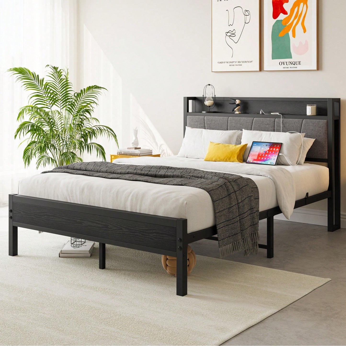 Sturdy Metal Platform Bed Frame with Storage Headboard and USB Charging Station Supports 400 Lbs Easy Assembly