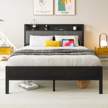 Sturdy Metal Platform Bed Frame with Storage Headboard and USB Charging Station Supports 400 Lbs Easy Assembly