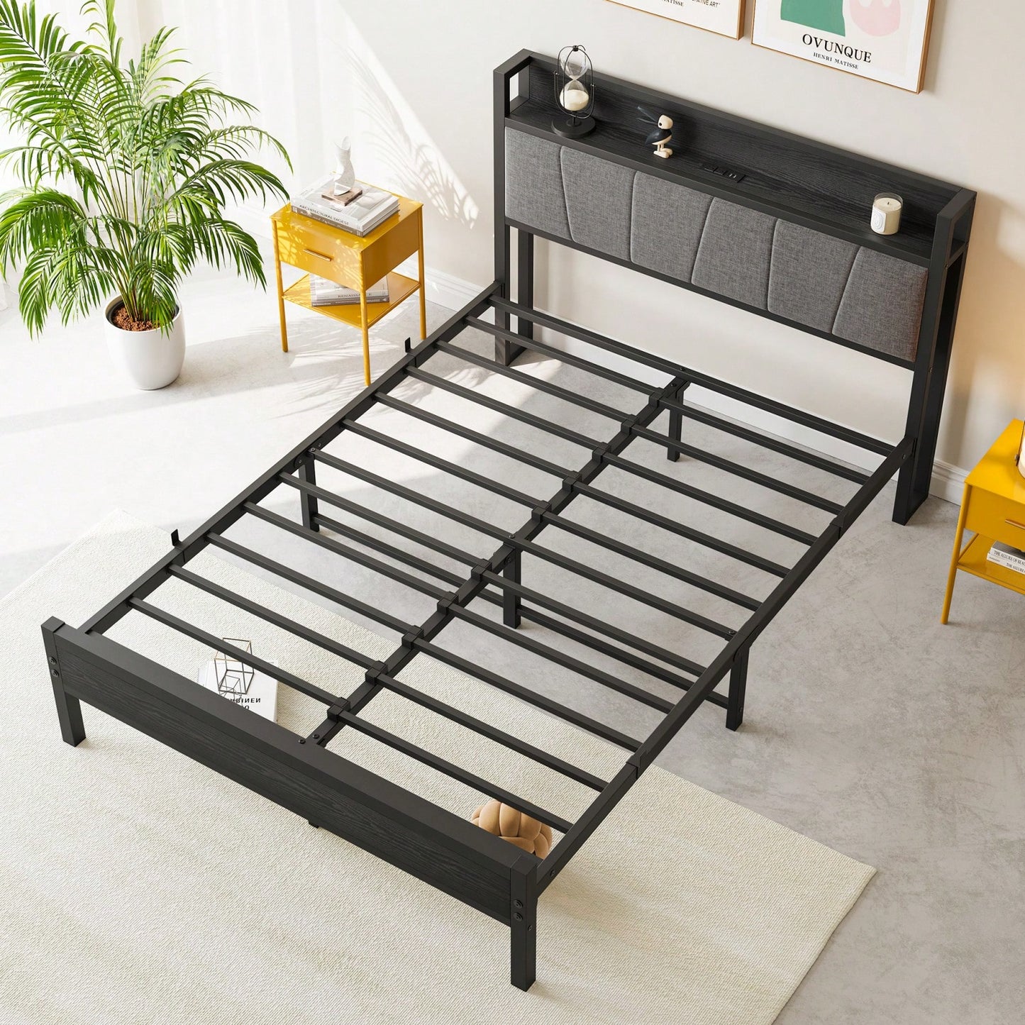 Sturdy Metal Platform Bed Frame with Storage Headboard and USB Charging Station Supports 400 Lbs Easy Assembly