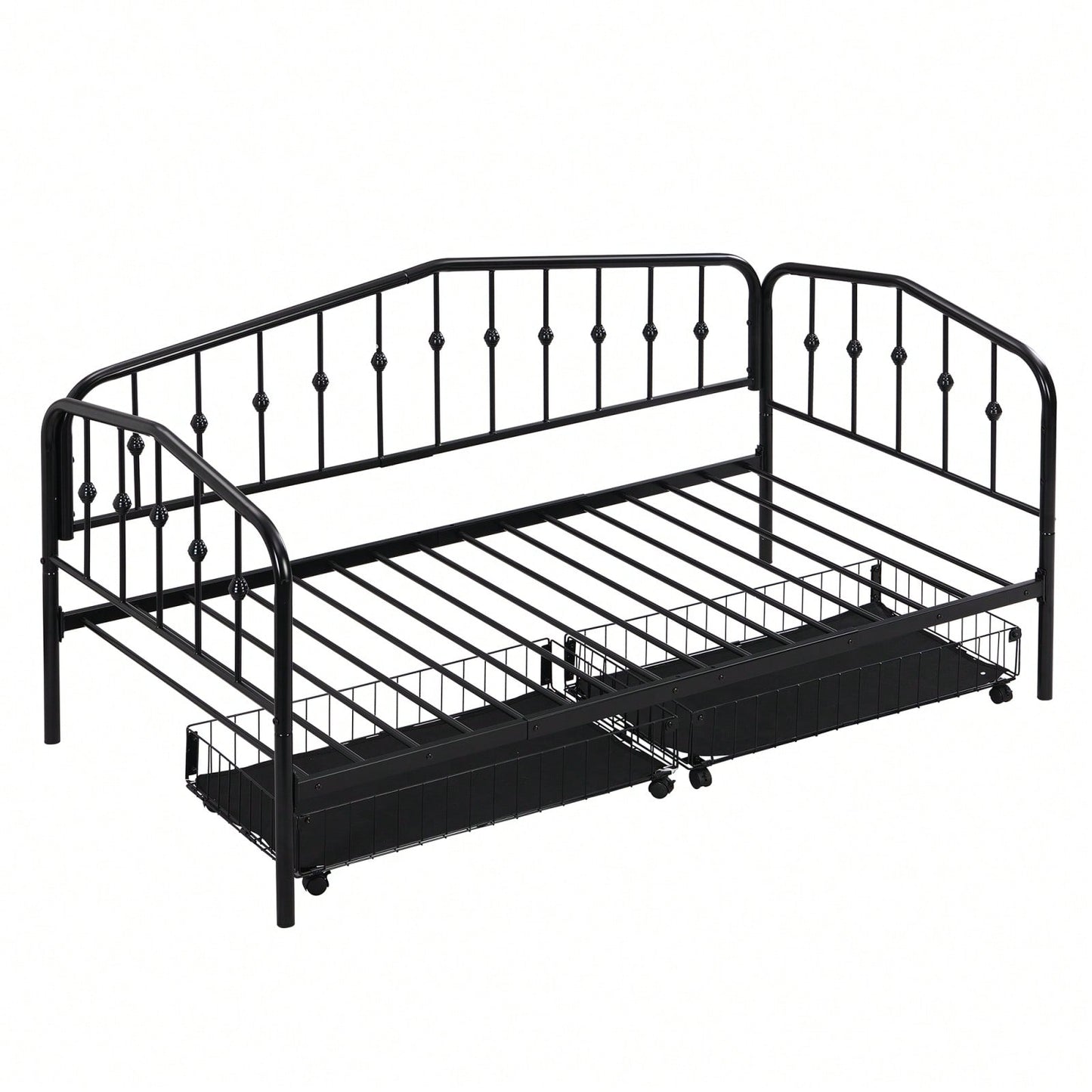 Twin Size Daybed Frame With 2 Storage Drawers, Space-Saving Metal Bed Frame With Slat Support, No Box Spring Needed, Easy Assembly, Black