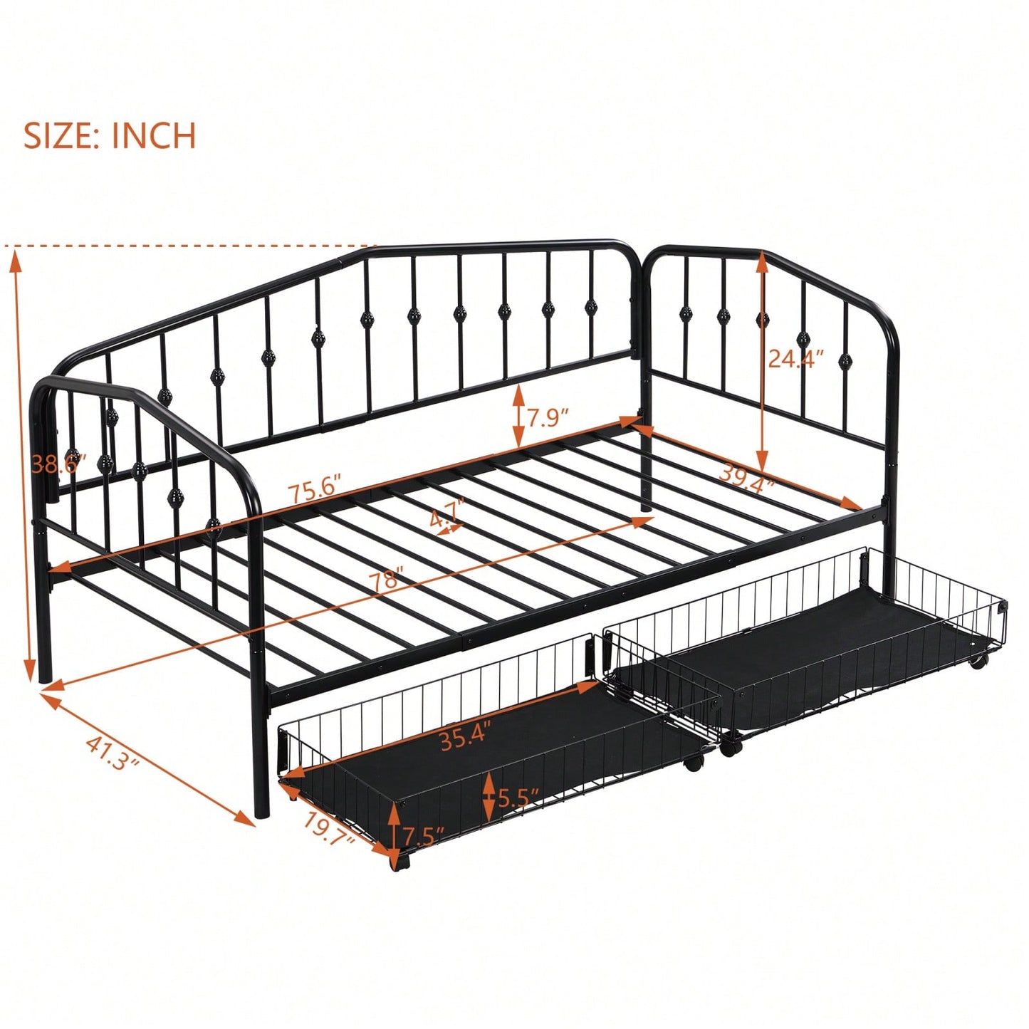 Twin Size Daybed Frame With 2 Storage Drawers, Space-Saving Metal Bed Frame With Slat Support, No Box Spring Needed, Easy Assembly, Black