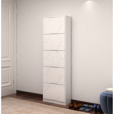 5-Tier Shoe Storage Cabinet With Carved Panels - Narrow Shoe Organizer For Entryway, Closet, Hallway - Holds 15 Pairs