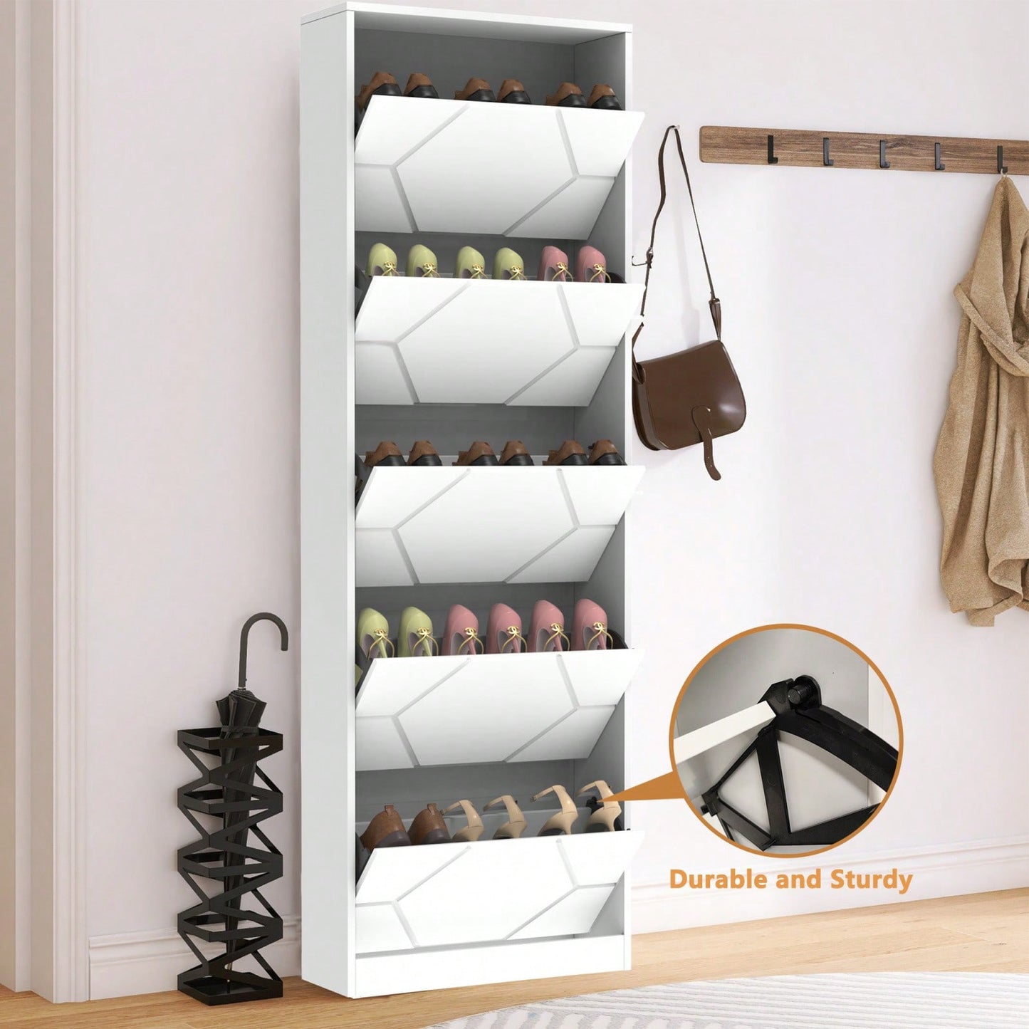 5-Tier Shoe Storage Cabinet With Carved Panels - Narrow Shoe Organizer For Entryway, Closet, Hallway - Holds 15 Pairs