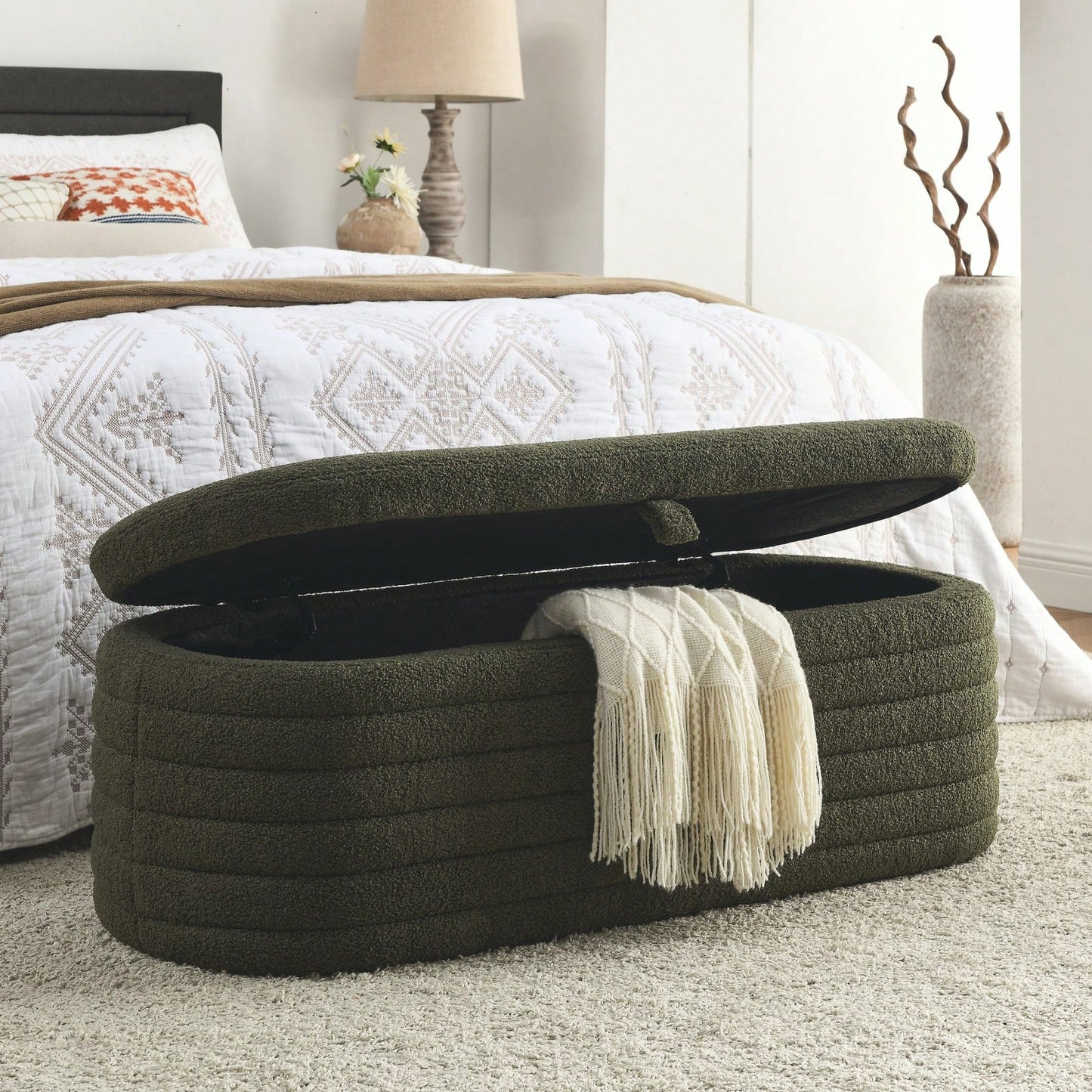 Upholstered Fabric Storage Bench End Of Bed Stool With Safety Hinge For Bedroom, Living Room, Entryway