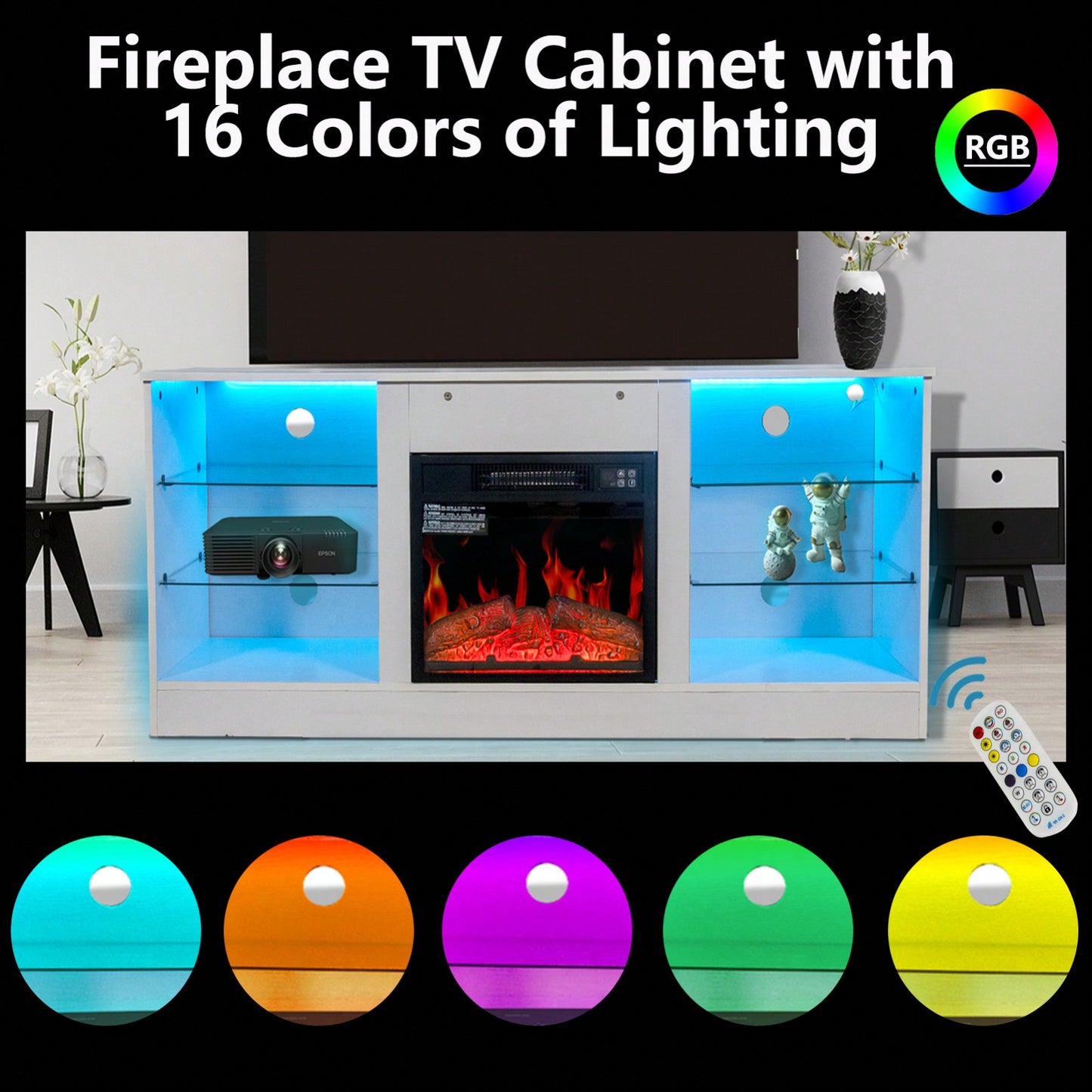 Electric Fireplace TV Stand for 62 Inch TVs with 18 Inch Heater LED Lights Adjustable Shelves Storage Cabinets