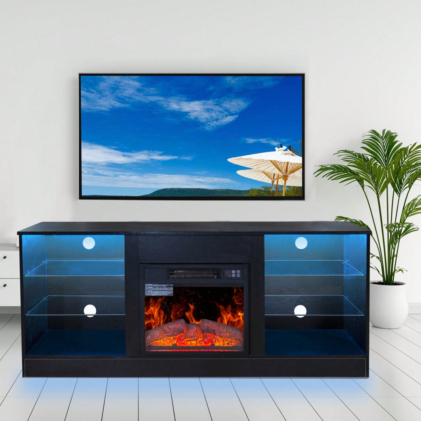 Electric Fireplace TV Stand for 62 Inch TVs with 18 Inch Heater LED Lights Adjustable Shelves Storage Cabinets