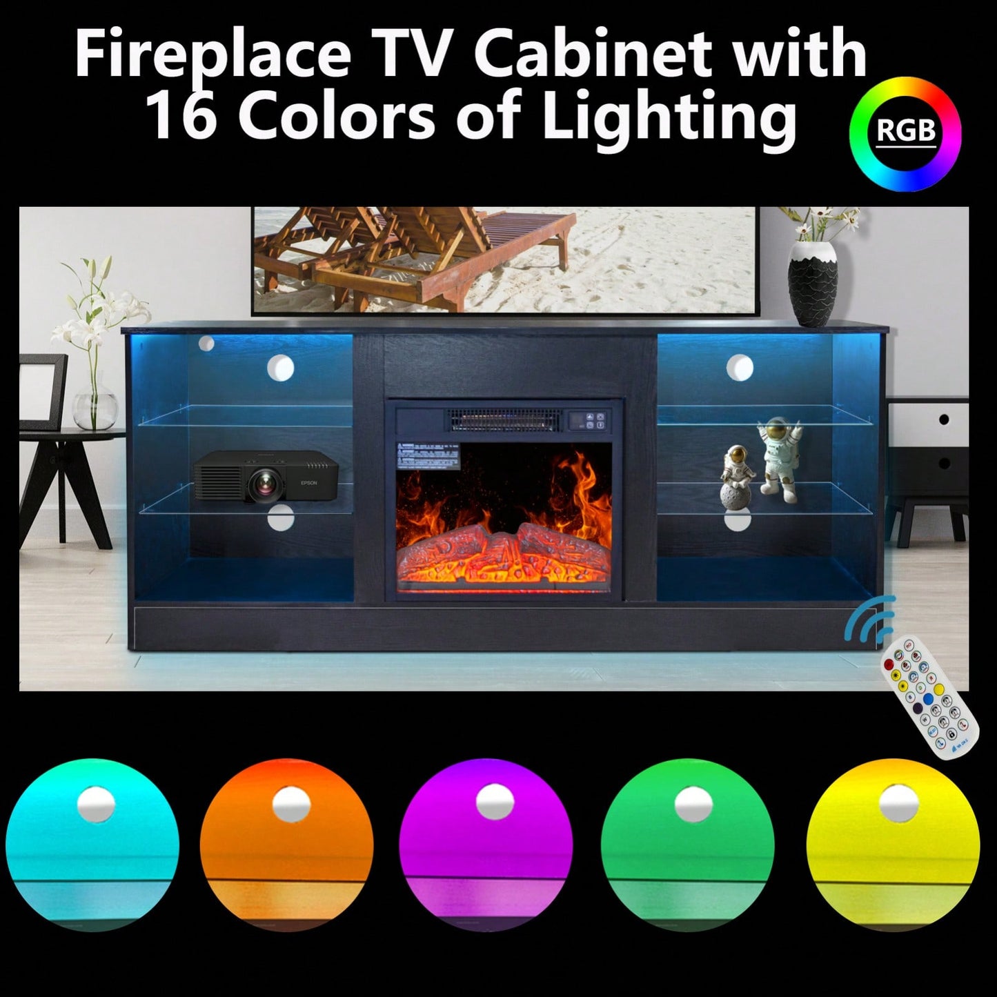 Electric Fireplace TV Stand for 62 Inch TVs with 18 Inch Heater LED Lights Adjustable Shelves Storage Cabinets