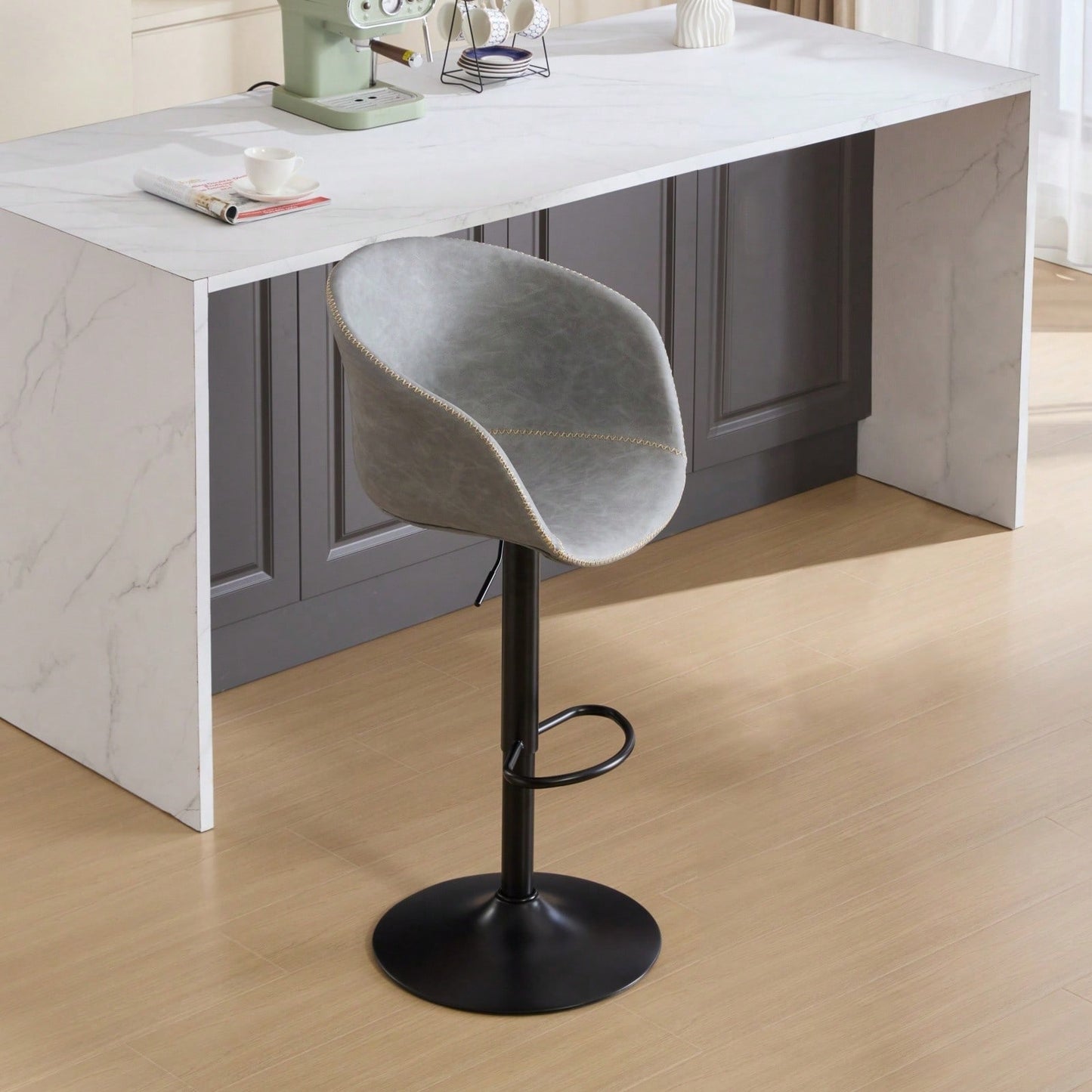 Modern Swivel Adjustable Height Bar Stools with Backrest PU Leather for Kitchen Island 17.7 Inch Large Base with Rubber Ring