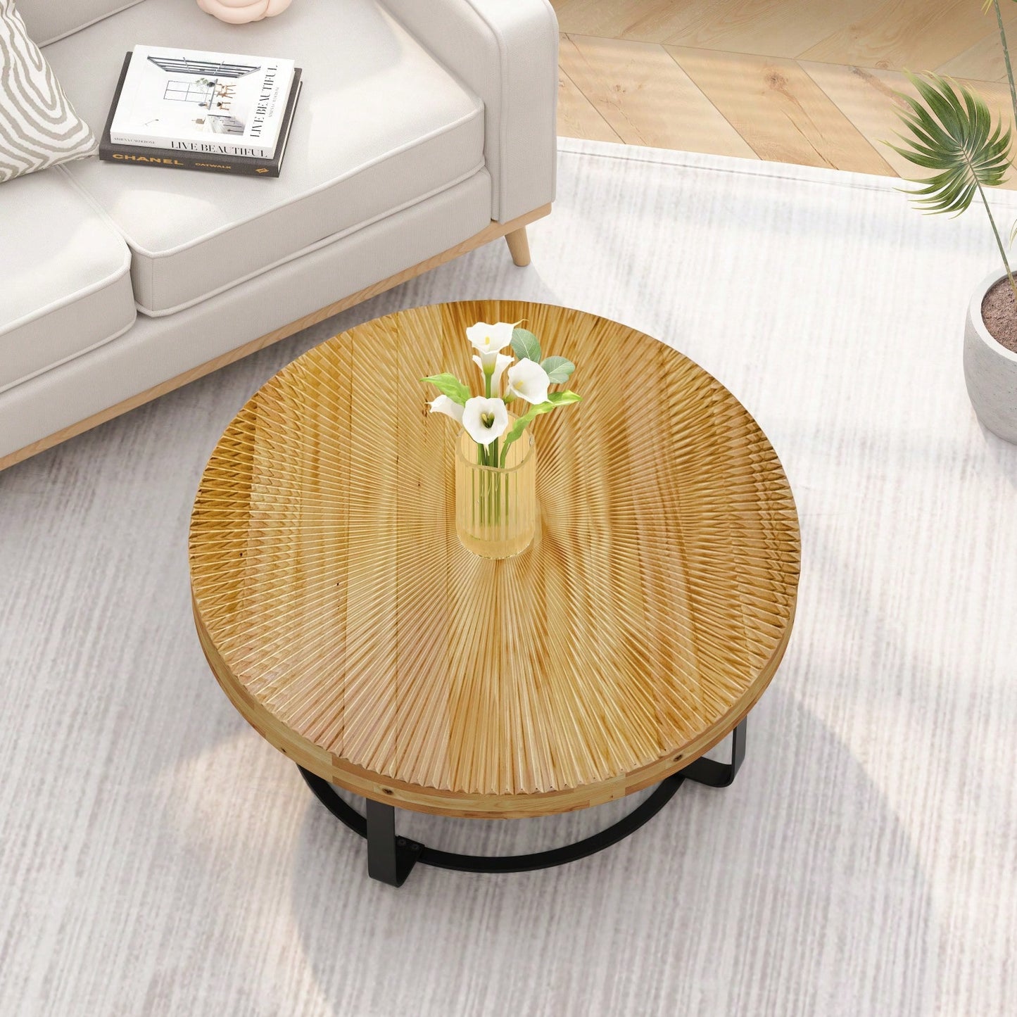 Modern Round Coffee Table Wooden Carving Pattern Coffee Table With Metal Legs For Living Room Reception Room Office
