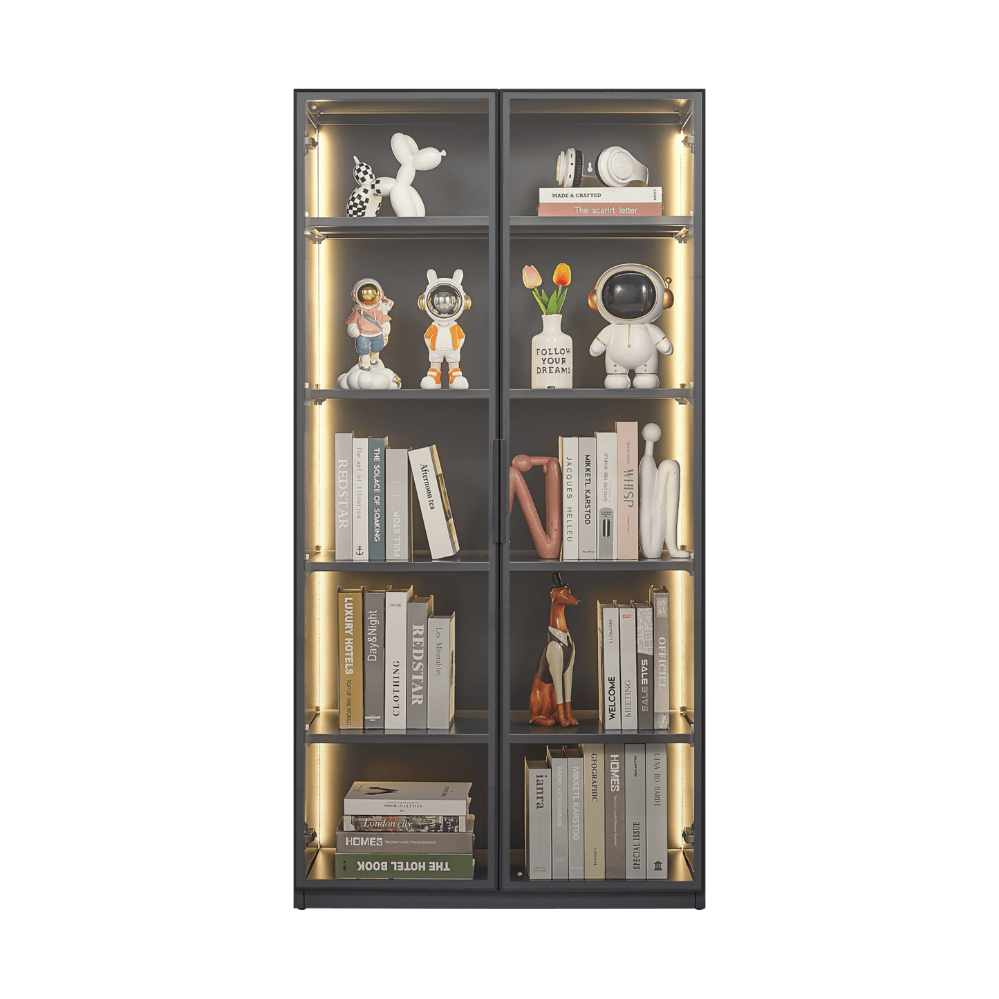 New Design Double Door Metal Glass Display Storage Cabinet With Light Strip For Living Room