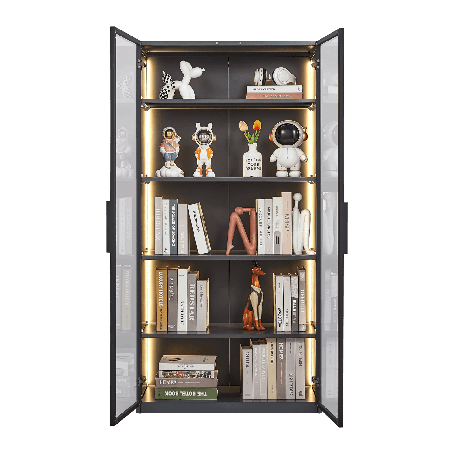 New Design Double Door Metal Glass Display Storage Cabinet With Light Strip For Living Room