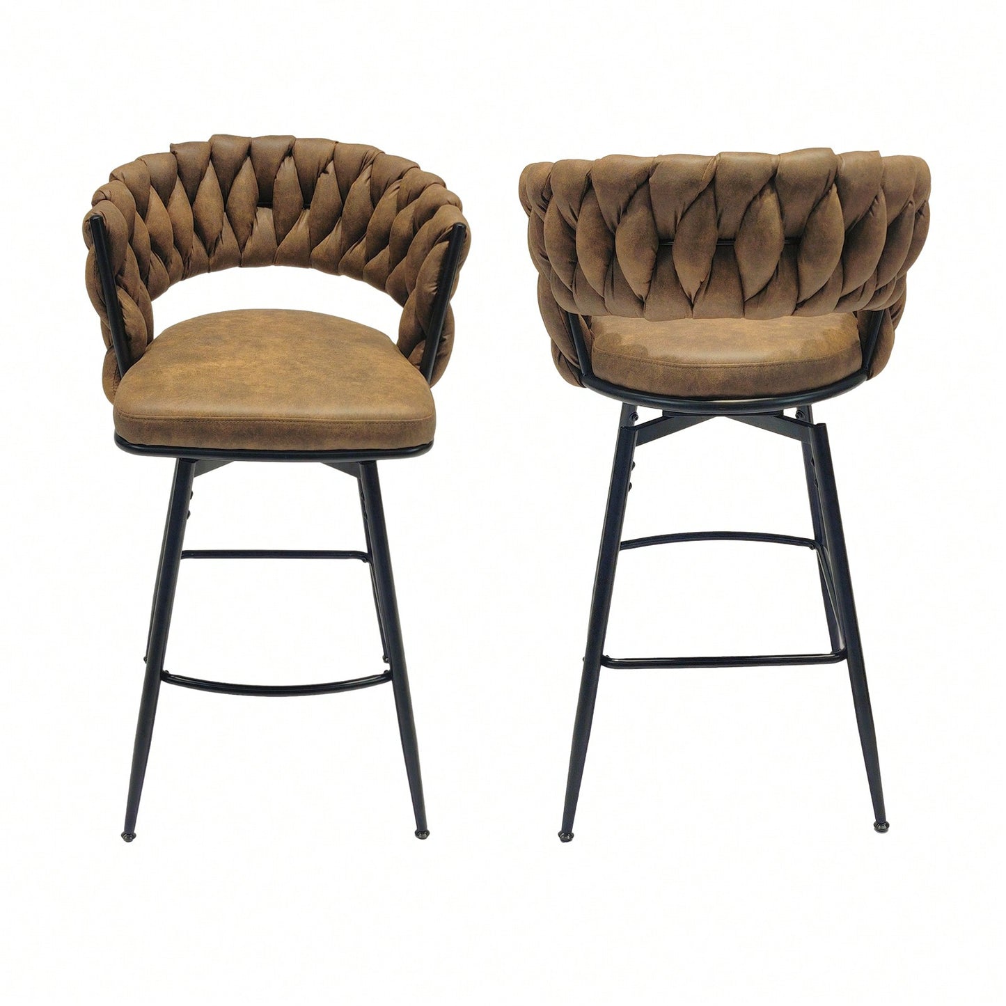 Leather Woven Bar Stools Set of 2 360° Swivel Counter Height Chairs with Backrest Footrest for Home Bar Cafe Restaurant