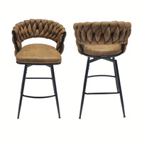 Leather Woven Bar Stools Set of 2 360° Swivel Counter Height Chairs with Backrest Footrest for Home Bar Cafe Restaurant