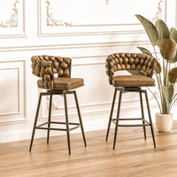Leather Woven Bar Stools Set of 2 360° Swivel Counter Height Chairs with Backrest Footrest for Home Bar Cafe Restaurant